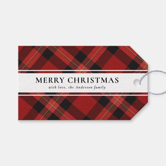 Eenvoudige Typografie Red Buffalo Plaid Kerstmis Cadeaulabel (Voorkant (Horizontaal))