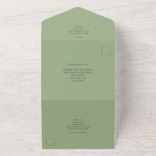 Eenvoudige Typografie Sage Green Wedding All In One Uitnodiging (Buitenkant)