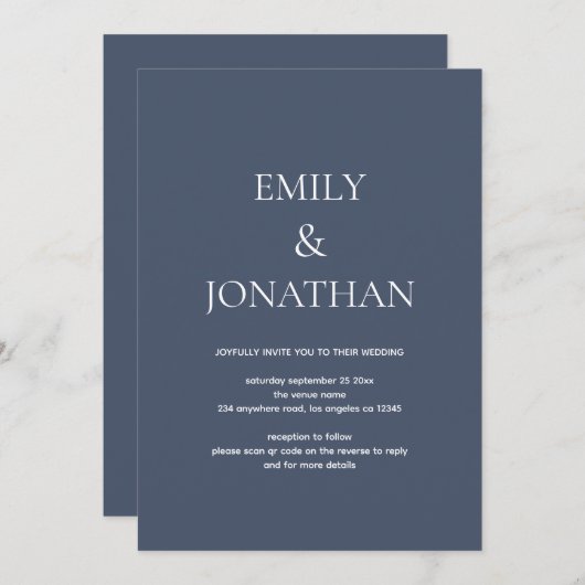 Eenvoudige Typografie Stusty Navy QR Code Weddensc Kaart (Voorkant / Achterkant)