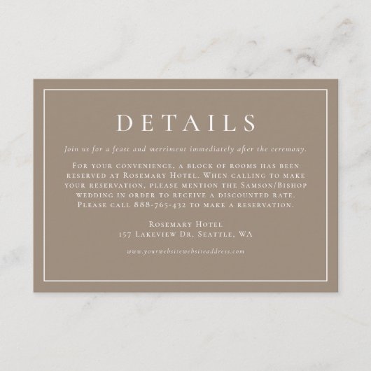 Eenvoudige Typografie Taupe Formele Bruiloft Detai Informatiekaartje (Voorkant)