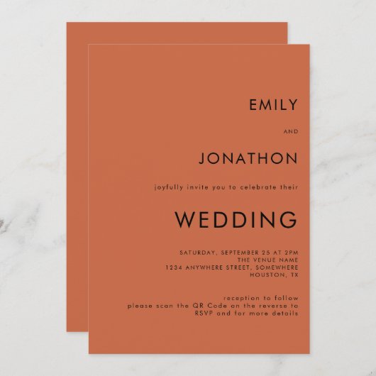 Eenvoudige typografie Terracotta QR-code Trouwdag Kaart (Voorkant / Achterkant)