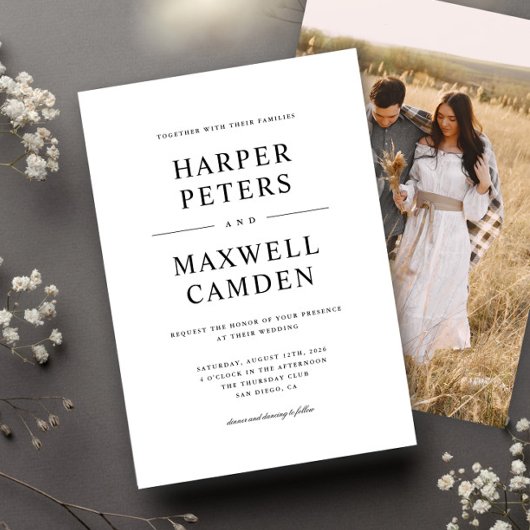 Eenvoudige typografie trouwkaart in zwart en wit kaart