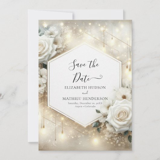 Eenvoudige Typografie Witte Rozen bruiloft Save The Date (Voorkant)