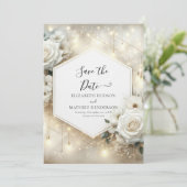 Eenvoudige Typografie Witte Rozen bruiloft Save The Date (Staand voorkant)