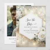 Eenvoudige Typografie Witte Rozen bruiloft Save The Date (Voorkant / Achterkant)