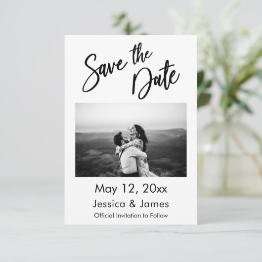 Eenvoudige Typografie zwart-wit met foto Save The Date (Staand voorkant)
