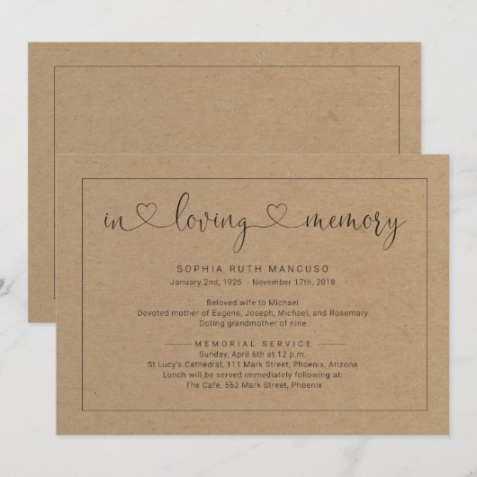 Eenvoudige uitnodiging tot begrafeniskennisgeving (Voorkant / Achterkant)