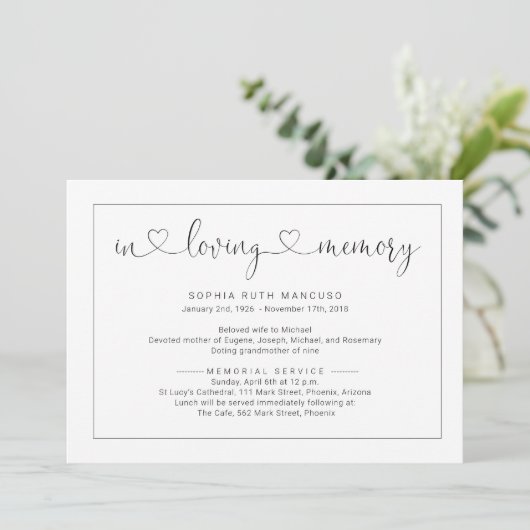 Eenvoudige uitnodiging tot kennisgeving van begraf (Staand voorkant)