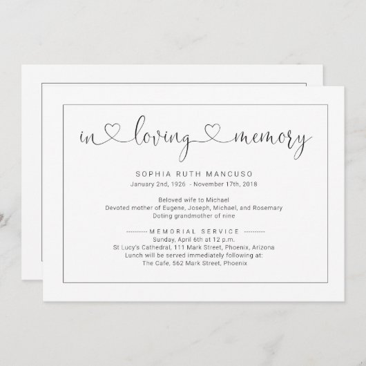 Eenvoudige uitnodiging tot kennisgeving van begraf (Voorkant / Achterkant)