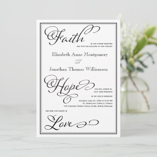 Eenvoudige uitnodiging van Faith Hope Love Script (Staand voorkant)