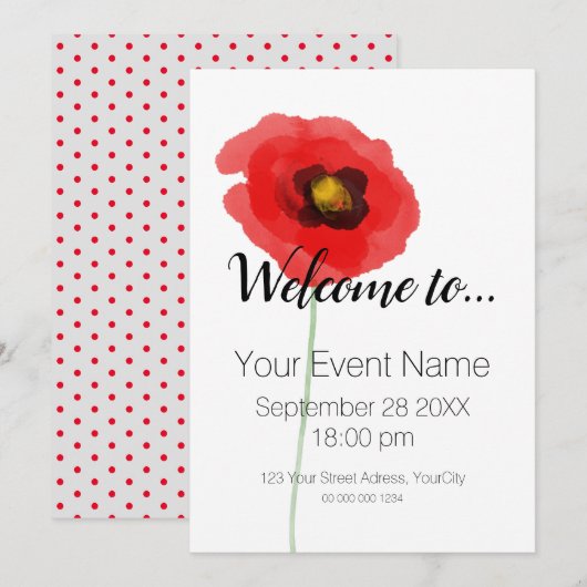 Eenvoudige uitnodiging van waterverf POPPY (Voorkant / Achterkant)