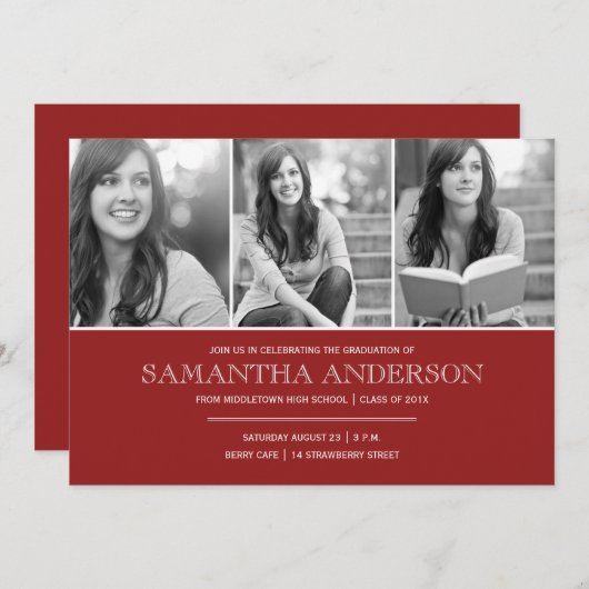 Eenvoudige uitnodiging voor Afstuderen - donkerroo (Voorkant / Achterkant)