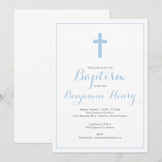 Eenvoudige uitnodiging voor Cross Blue Boy Baptism (Voorkant / Achterkant)