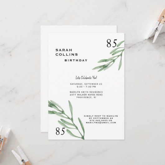 Eenvoudige uitnodiging voor een 85e verjaardag (Voorkant / Achterkant in situ)