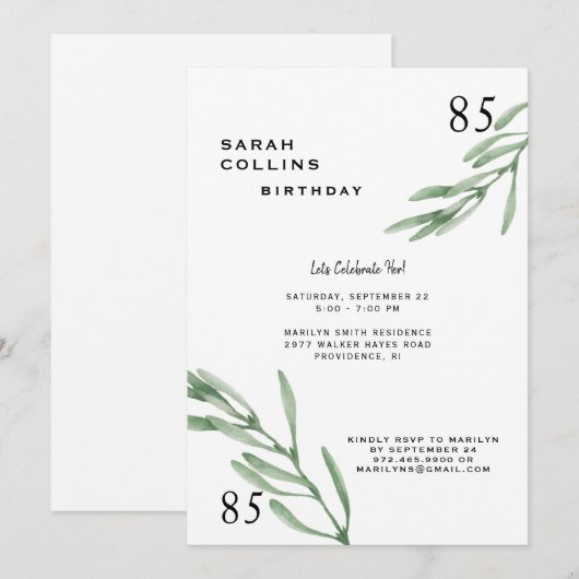 Eenvoudige uitnodiging voor een 85e verjaardag (Voorkant / Achterkant)