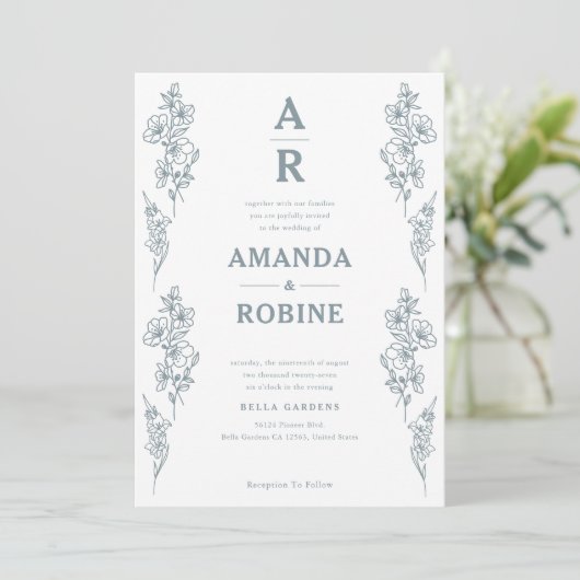 Eenvoudige uitnodiging voor een blauwe Floral brui (Staand voorkant)