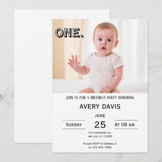 Eenvoudige uitnodiging voor een eerste verjaardag (Voorkant / Achterkant)