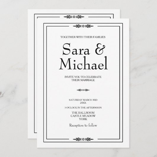 Eenvoudige uitnodiging voor een zwart-wit huwelijk (Voorkant / Achterkant)