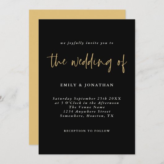 Eenvoudige uitnodiging voor Gold Black Script Wedd (Voorkant / Achterkant)