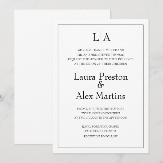 Eenvoudige uitnodiging voor moderne monogram huwel (Voorkant / Achterkant)