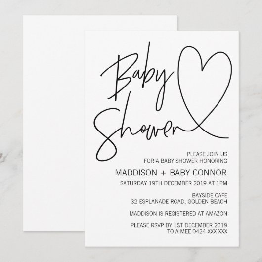 Eenvoudige uitnodiging voor zwart-wit Baby shower (Voorkant / Achterkant)