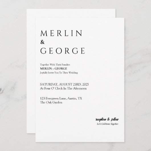 Eenvoudige uitnodiging voor zwart-witbruiloft (Voorkant / Achterkant)