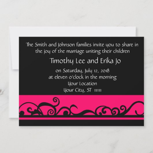 Eenvoudige uitnodiging voor zwarte en roze bruilof (Achterkant)