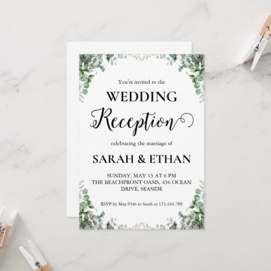 Eenvoudige uitnodigingen voor eucalyptus bruiloft (Voorkant / Achterkant in situ)