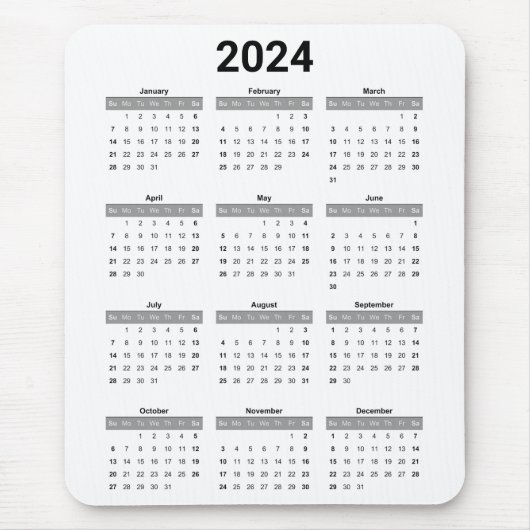 Eenvoudige US Zwart & Wit 2024 Jaarkalender Muismat (Voorkant)
