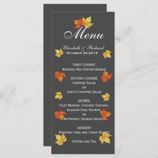 Eenvoudige vallende esdoorn bladeren bruiloft menu (Voorkant / Achterkant)