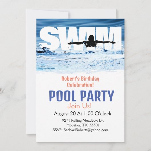 Eenvoudige verjaardagszwembadfeest uitnodiging voo (Voorkant)