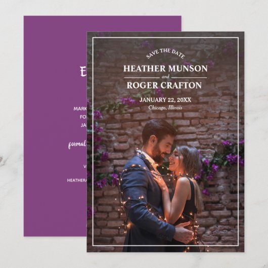 Eenvoudige Verloving foto Paars opslaan Datum Save The Date (Voorkant / Achterkant)