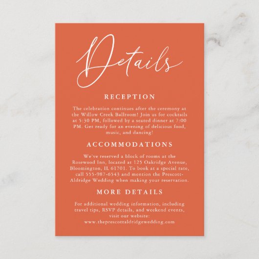 Eenvoudige Verona Sunset Oranje kalligrafie Detail Informatiekaartje (Voorkant)