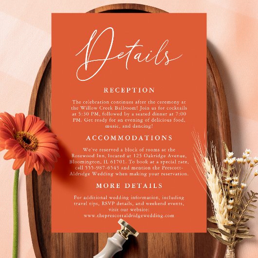 Eenvoudige Verona Sunset Oranje kalligrafie Detail Informatiekaartje