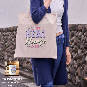 Eenvoudige verpleegster held roze en paarse typogr tote bag