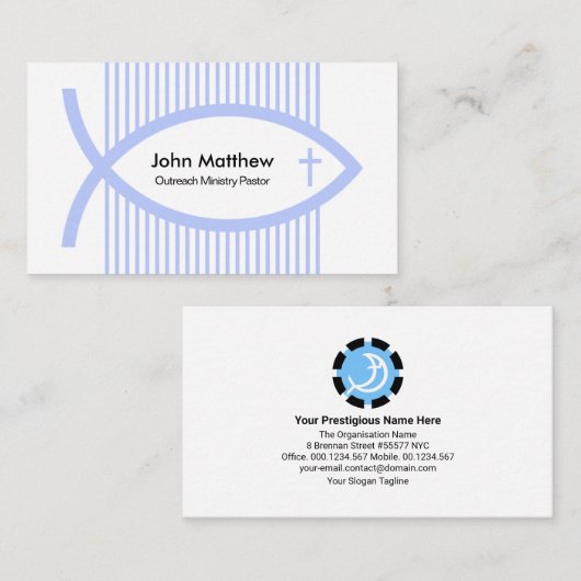 Eenvoudige Verticaal Blauw Zee Lines Ichthus Pasto Visitekaartje (Voorkant / Achterkant)