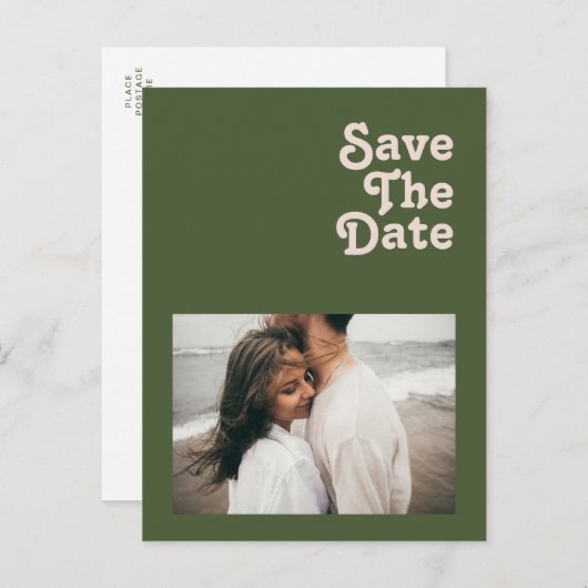 Eenvoudige Vibe Olive Green Photo Save the Date Uitnodiging Briefkaart (Voorkant / Achterkant)