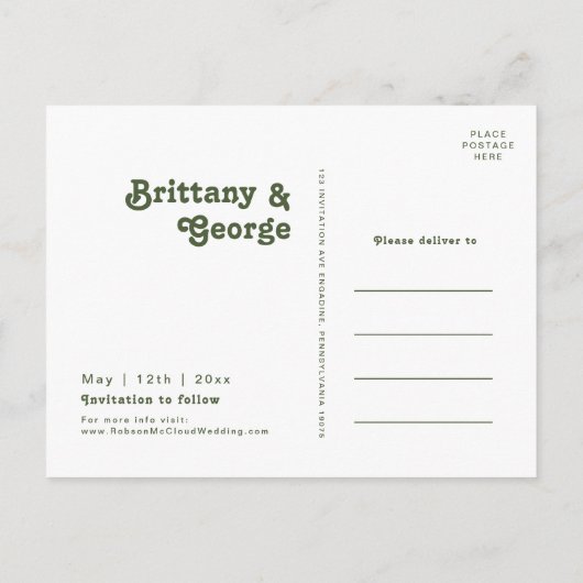 Eenvoudige Vibe Olive Green Photo Save the Date Uitnodiging Briefkaart (Achterkant)