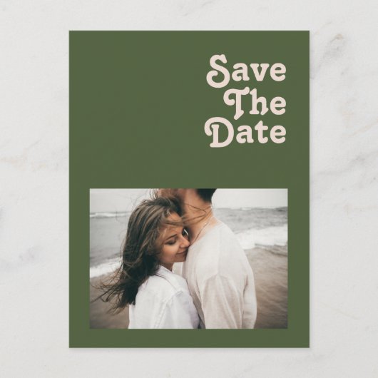 Eenvoudige Vibe Olive Green Photo Save the Date Uitnodiging Briefkaart (Voorkant)