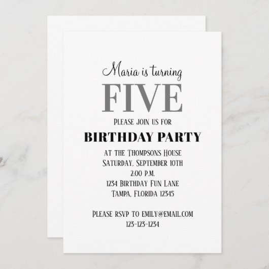 Eenvoudige vijfde verjaardag partij Sjabloon Kaart (Voorkant / Achterkant)