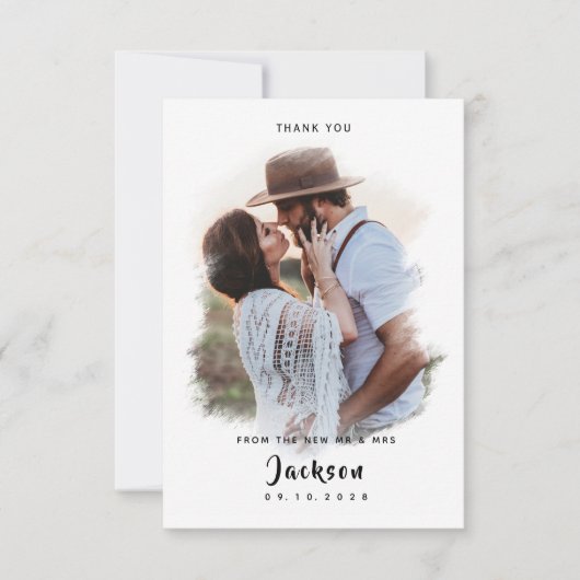 Eenvoudige Vintage Borstel met foto Bruiloft Bedankkaart (Voorkant)