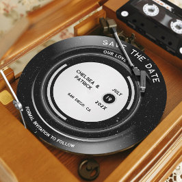 Eenvoudige vintage vinylplaat save the date rond kaart