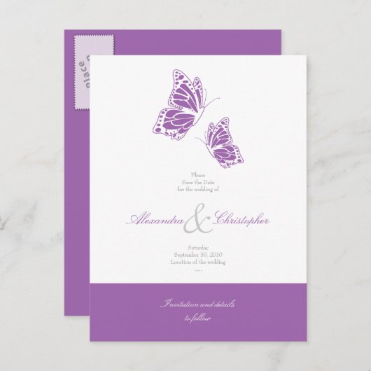 Eenvoudige Violette Vlinders Sla de datum bruiloft Aankondigingskaart (Voorkant / Achterkant)
