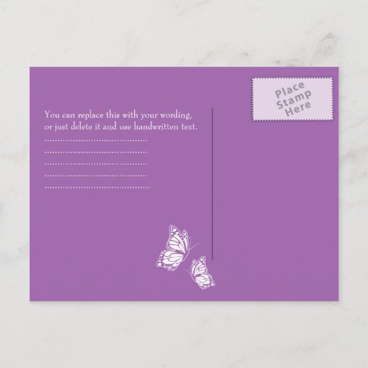 Eenvoudige Violette Vlinders Sla de datum bruiloft Aankondigingskaart (Achterkant)