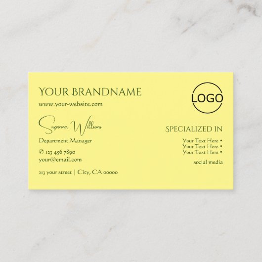 Eenvoudige vlakke lichtgele met monogram en Logo Visitekaartje (Achterkant)
