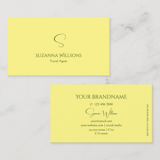 Eenvoudige vlakke lichtgele met monogram klassieke visitekaartje (Voorkant / Achterkant)