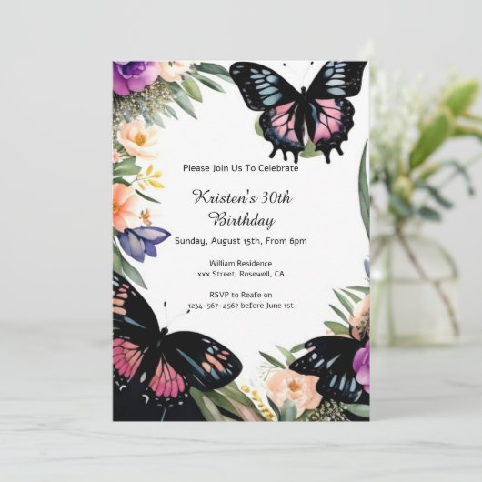 Eenvoudige vlinder verjaardag uitnodiging (Staand voorkant)