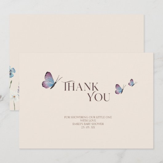 Eenvoudige Vlinders & Wildflowers Baby shower Bedankkaart (Voorkant / Achterkant)
