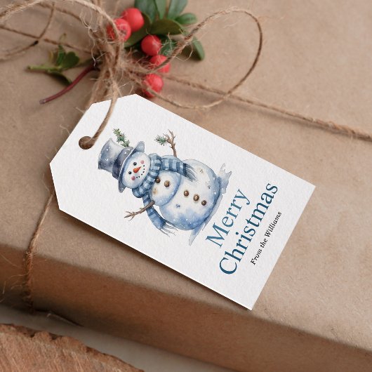 Eenvoudige Vrolijk Kerstmis Blauw Waterverf Sneeuw Cadeaulabel