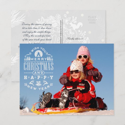 Eenvoudige vrolijke kerst en gelukkig nieuwjaarsfo briefkaart (Voorkant / Achterkant)